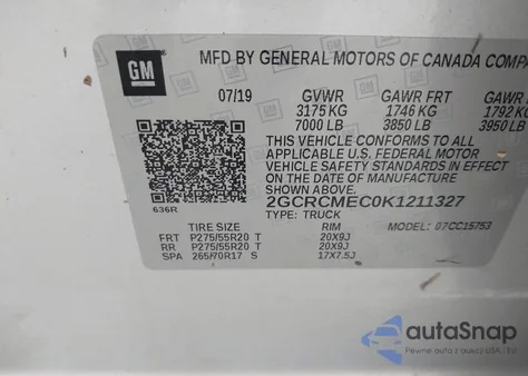 2019 Chevrolet Silverado 1500 Ld Silverado Custom из США, поврежденный, VIN 2GCRCMEC0K1211327